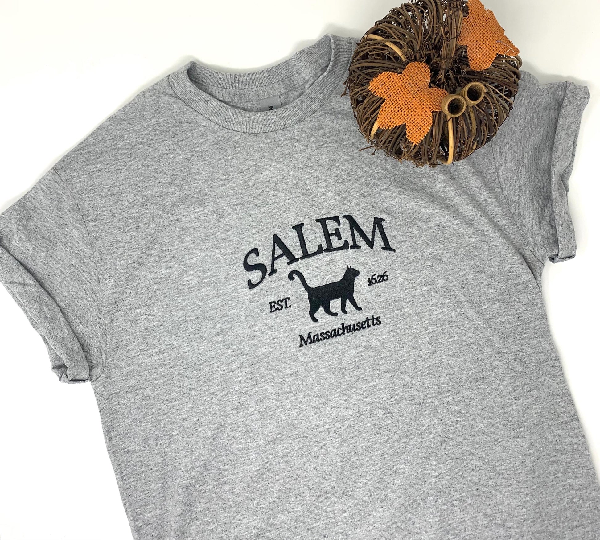 Halloween Unisex Tee Shirt Embroidered, Cat Shirt, Gray, Black