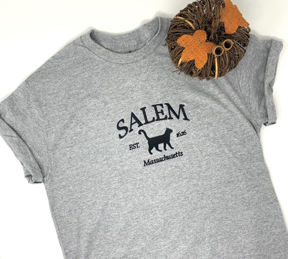 Halloween Unisex Tee Shirt Embroidered, Cat Shirt, Gray, Black