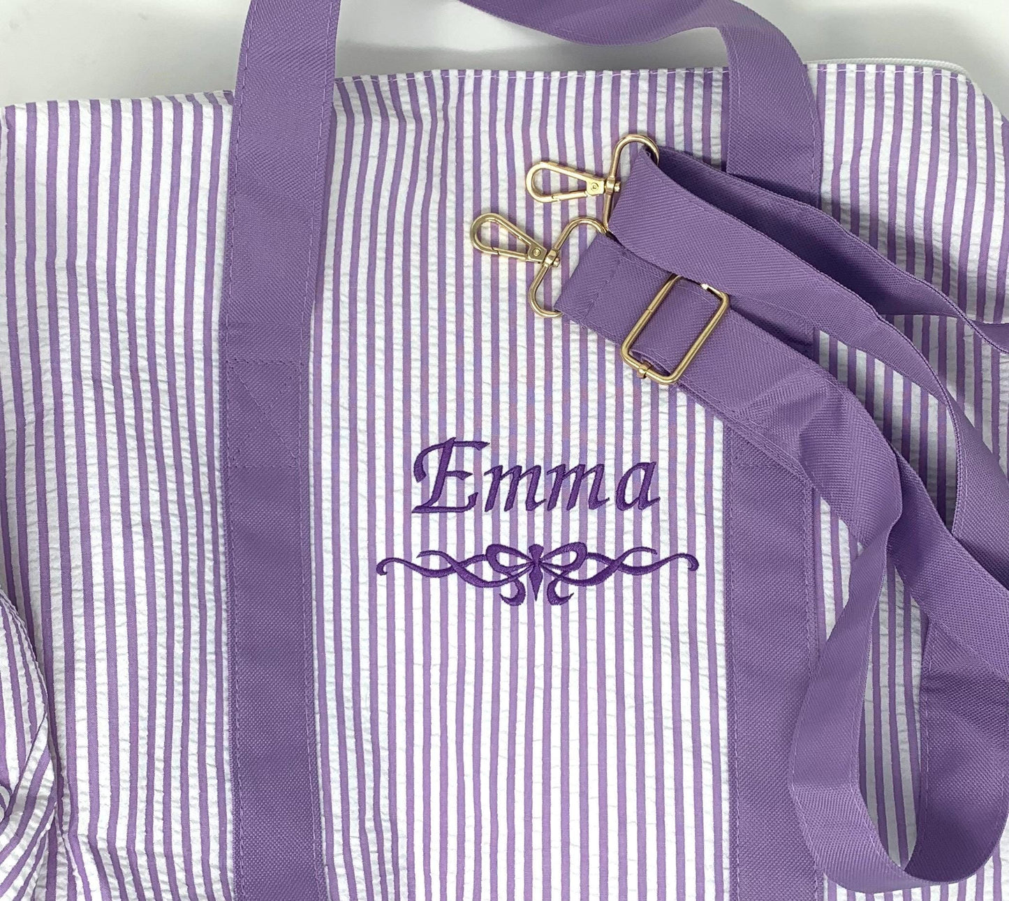 Personalized Duffle Bag, Seer Sucker Cotton, Sports Bag, Sleep Over Bag, Bridesmaid Gift, Embroidered Gift, Purple, Navy, Pink