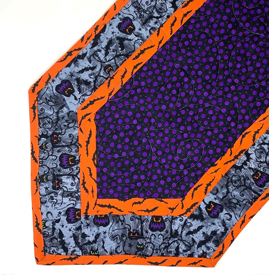 Halloween Table Runner Quilt, Pumpkins, Bats, Purple, Orange, Gray, Handmade Quilt