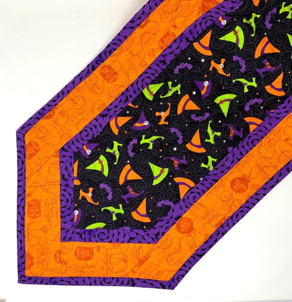 Halloween Witch Table Runner Quilt, Witch Shoes, Hat Quilt, Orange, Purple, Green, Handmade Quilt