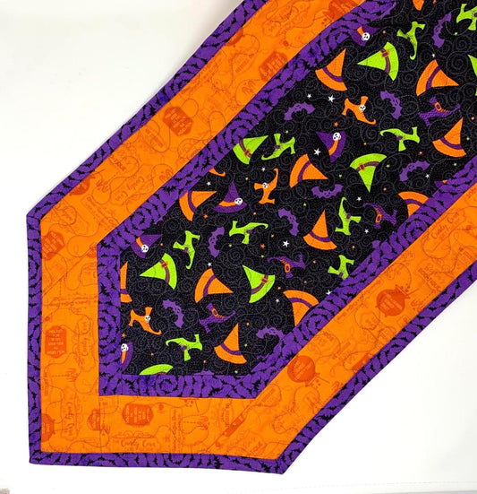 Halloween Witch Table Runner Quilt, Witch Shoes, Hat Quilt, Orange, Purple, Green, Handmade Quilt