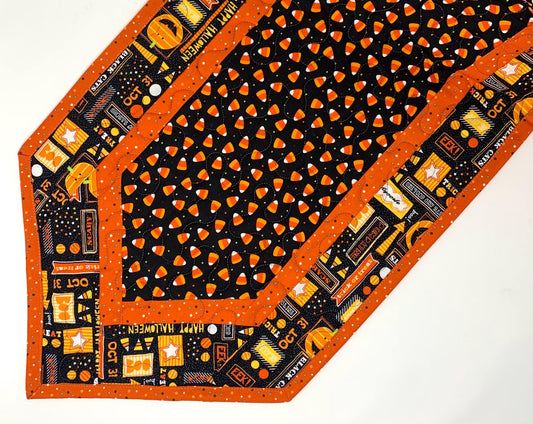 Halloween Table Runner Quilt, Candy Corn, Orange, Black, Yellow, Handmade Quilt