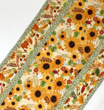 Sunflower Fall Table Runner Quilt, Yellow, Brown, Green,Handmade Quilt
