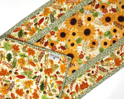 Sunflower Fall Table Runner Quilt, Yellow, Brown, Green,Handmade Quilt