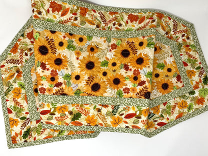 Sunflower Fall Table Runner Quilt, Yellow, Brown, Green,Handmade Quilt