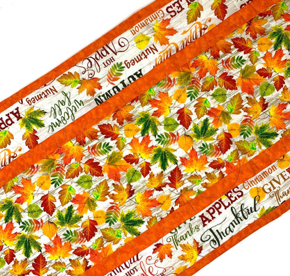Bright Leaves Fall Words Table Runner Quilt, Orange, Yellow, Green, Handmade Quilt
