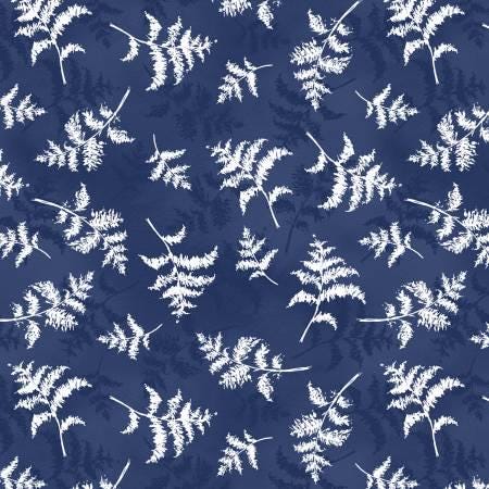 Blue Floral Fabric Yardage, Dreaming in Blue, Dark Blue Fern Toss, Wilmington Prints