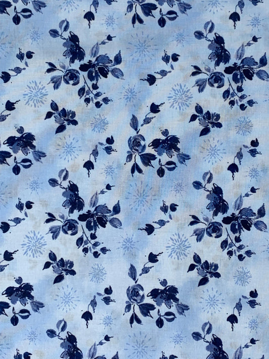 Blue Floral Fabric Yardage, Dreaming in Blue, Light Blue Bouquet Toss, Wilmington Prints