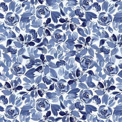 Blue White Floral Fabric Yardage, Dreaming in Blue, Packed Flowers, Wilmington Prints