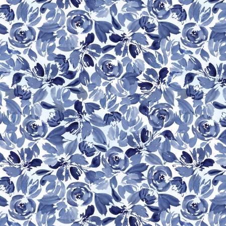 Blue White Floral Fabric Yardage, Dreaming in Blue, Packed Flowers, Wilmington Prints