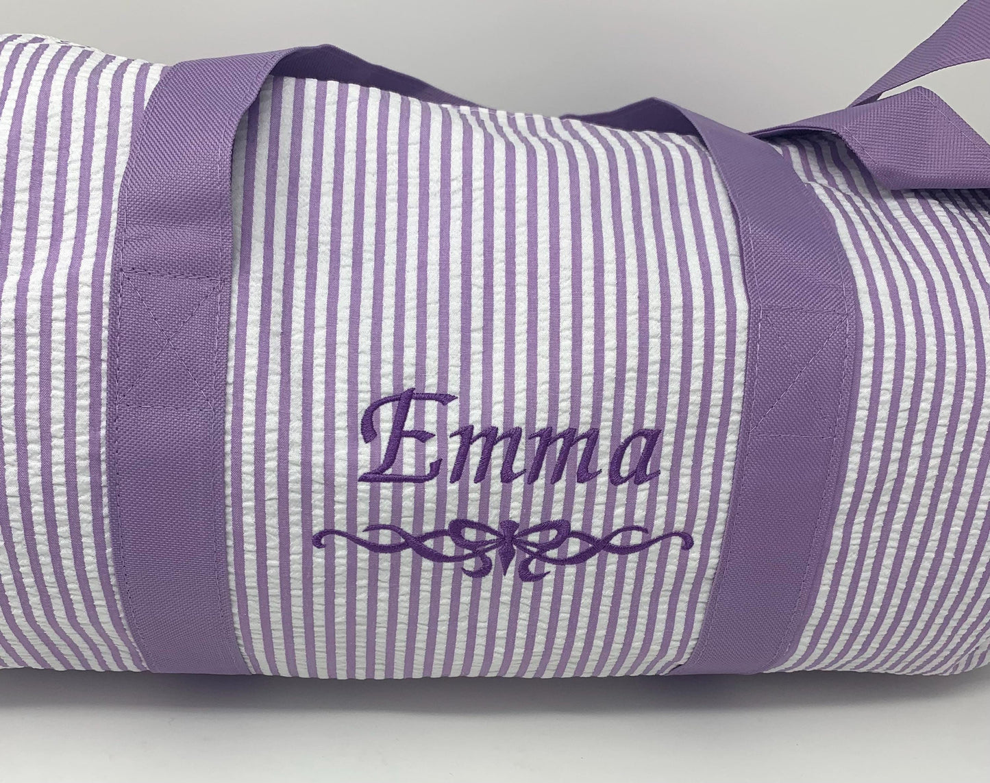 Personalized Duffle Bag, Seer Sucker Cotton, Sports Bag, Sleep Over Bag, Bridesmaid Gift, Embroidered Gift, Purple, Navy, Pink