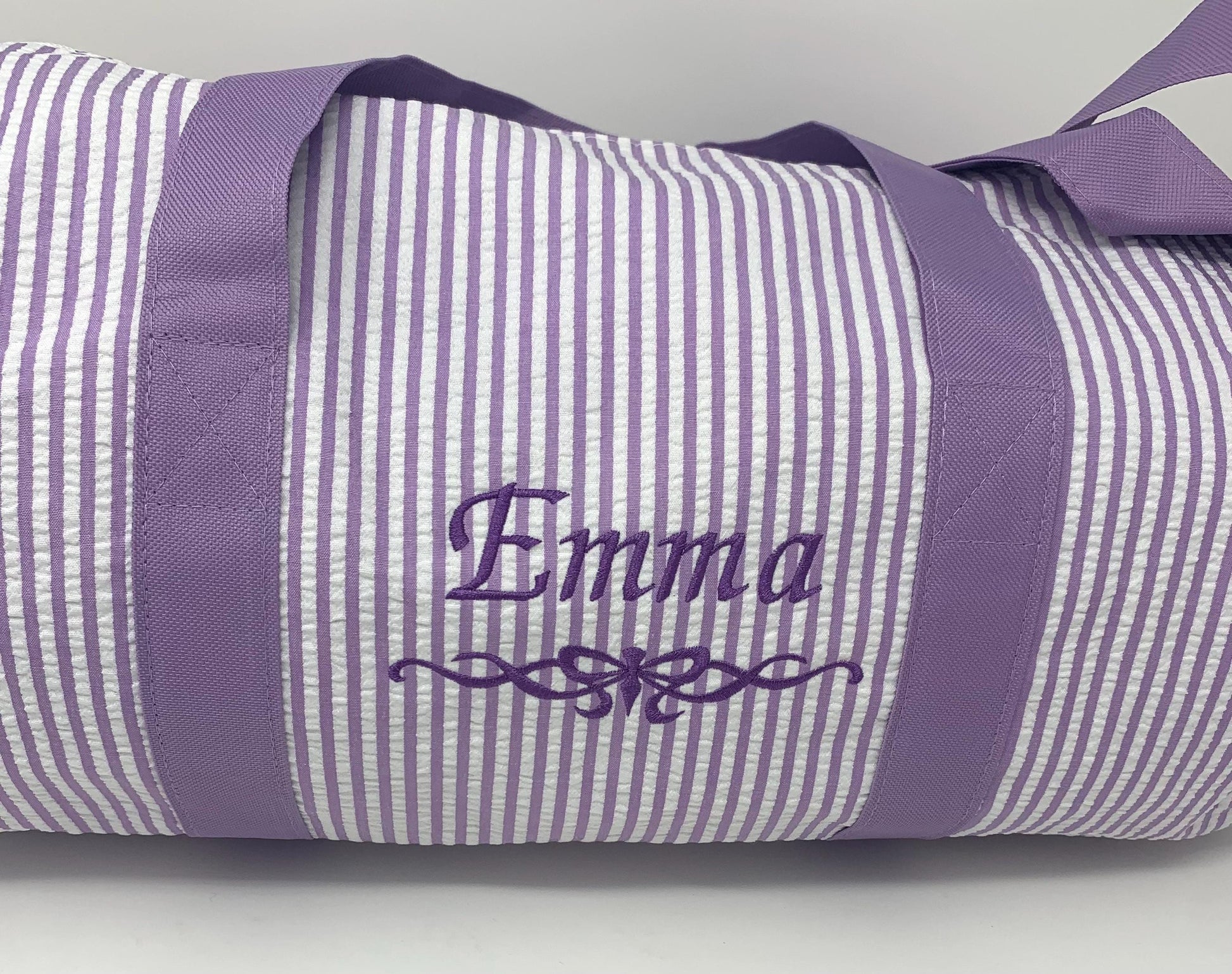 Personalized Duffle Bag, Seer Sucker Cotton, Sports Bag, Sleep Over Bag, Bridesmaid Gift, Embroidered Gift, Purple, Navy, Pink