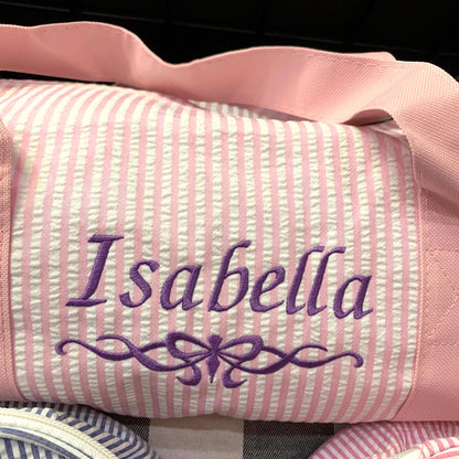 Personalized Duffle Bag, Seer Sucker Cotton, Sports Bag, Sleep Over Bag, Bridesmaid Gift, Embroidered Gift, Purple, Navy, Pink