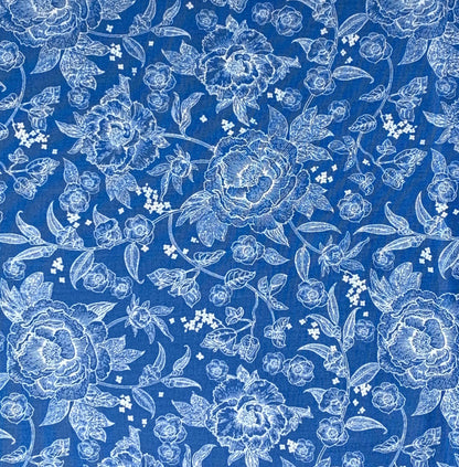 Blue Floral Cotton Fabric Yardage: Penelope Main Blue