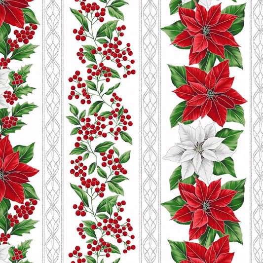 Poinsettia Border Stripe Yardage: Blooming Holidays Ice Silver by Hoffman