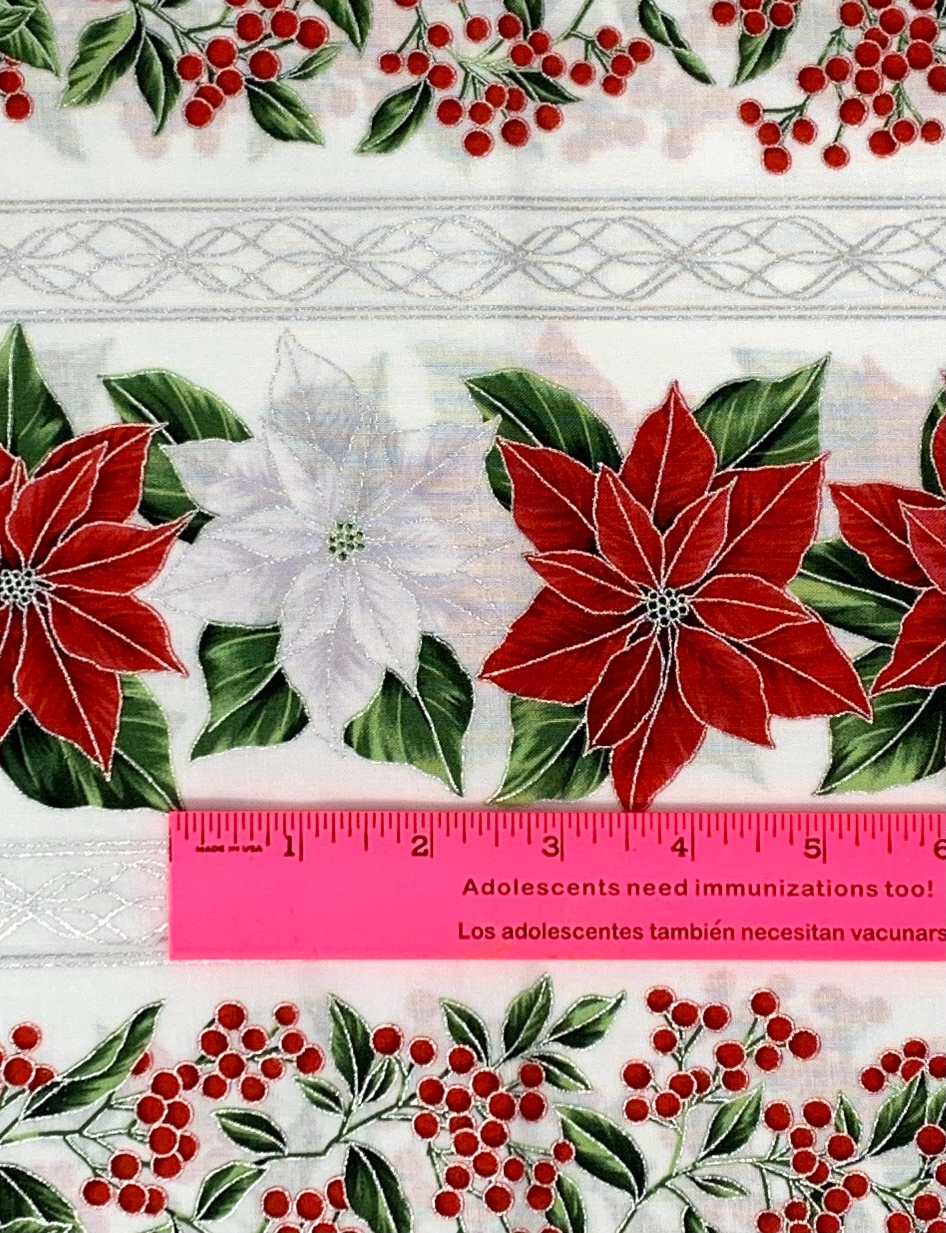 Poinsettia Border Stripe Yardage: Blooming Holidays Ice Silver by Hoffman