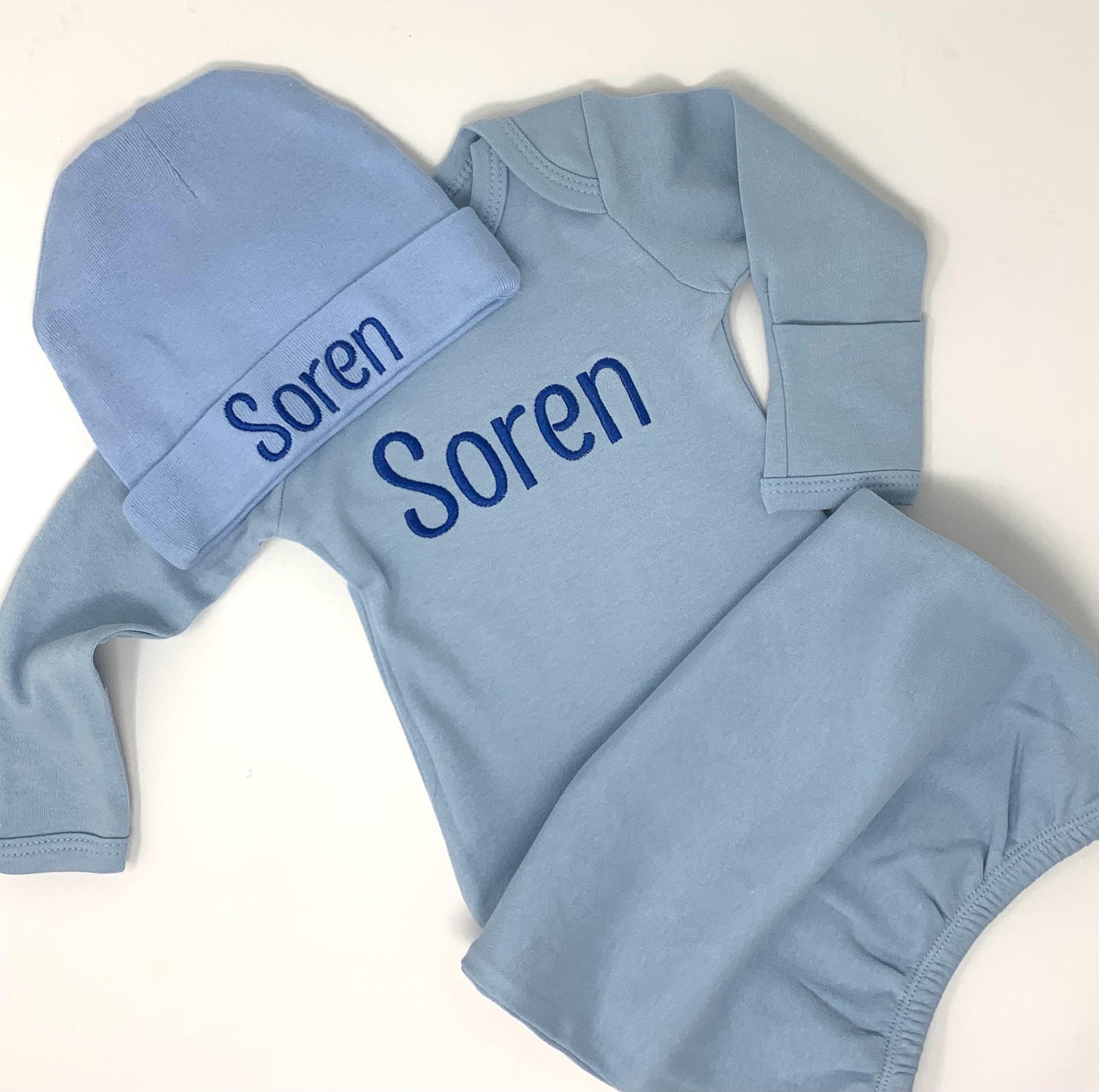 Baby Infant Gown and Cap Set, Blue, Embroidered name personalized