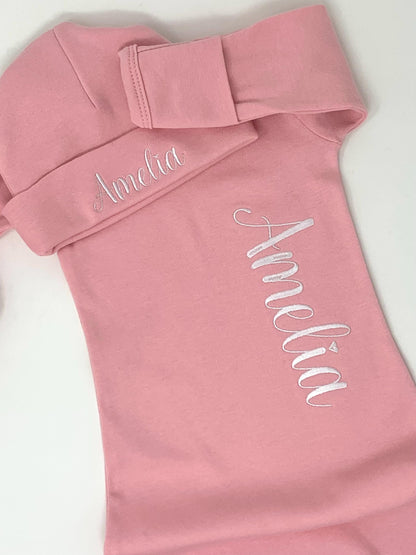 Baby Infant Gown and Cap Set, Pink or White, Embroidered name personalized