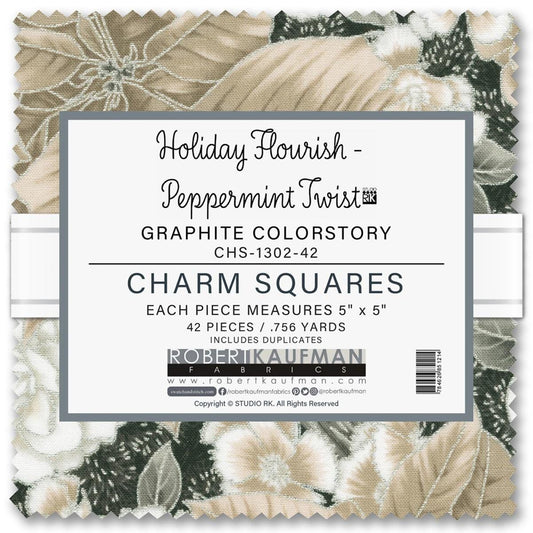 Holiday Flourish Fabric Squares: Peppermint Twist Graphite Colorstory Charm Pack, 5 inch (42 Pieces)