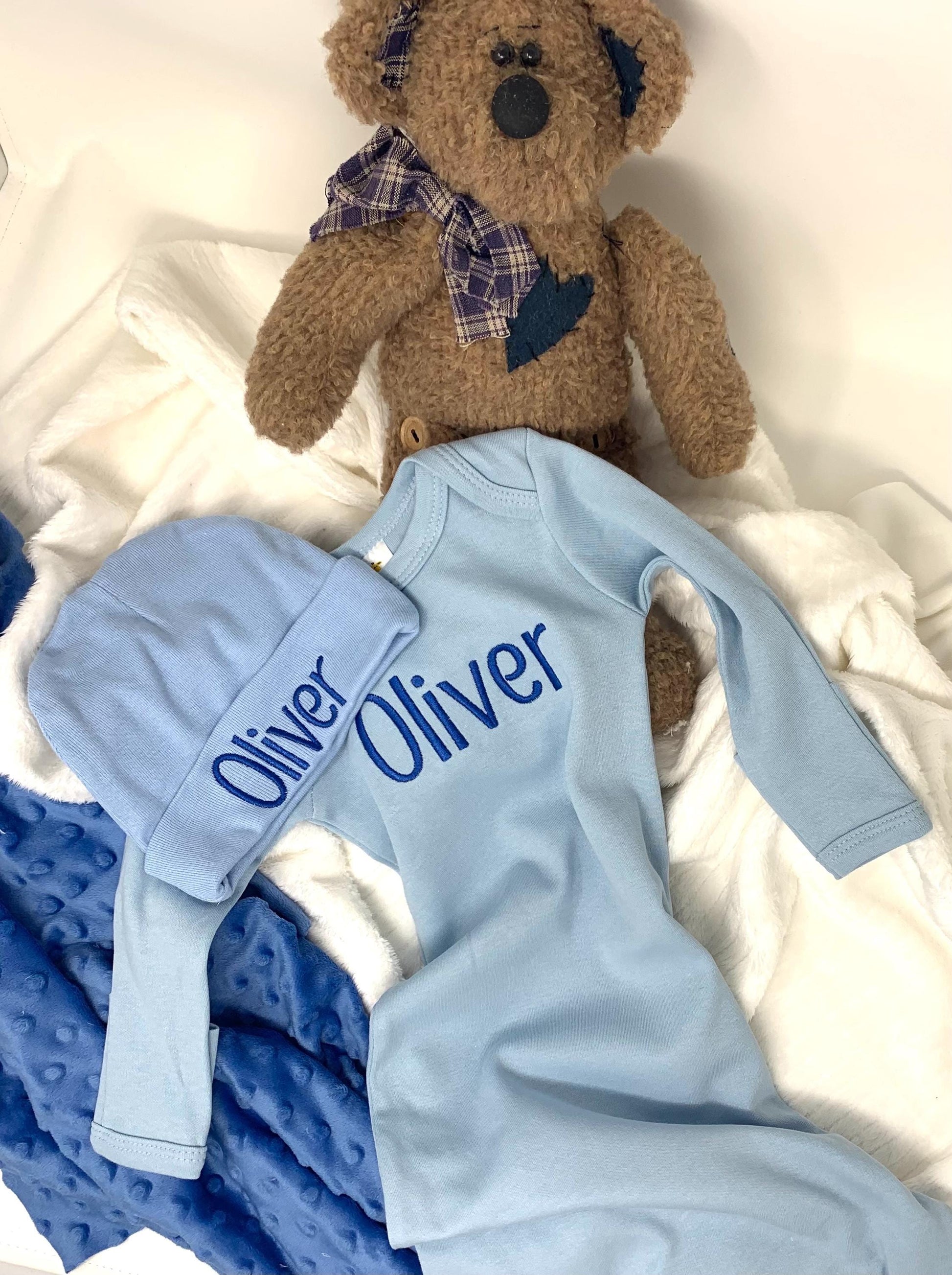 Baby Infant Gown and Cap Set, Blue, Embroidered name personalized