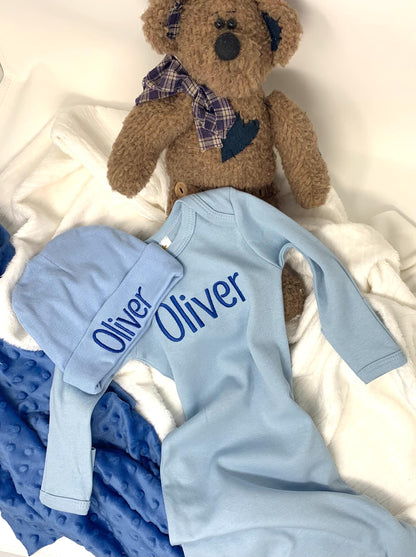 Baby Infant Gown and Cap Set, Blue, Embroidered name personalized