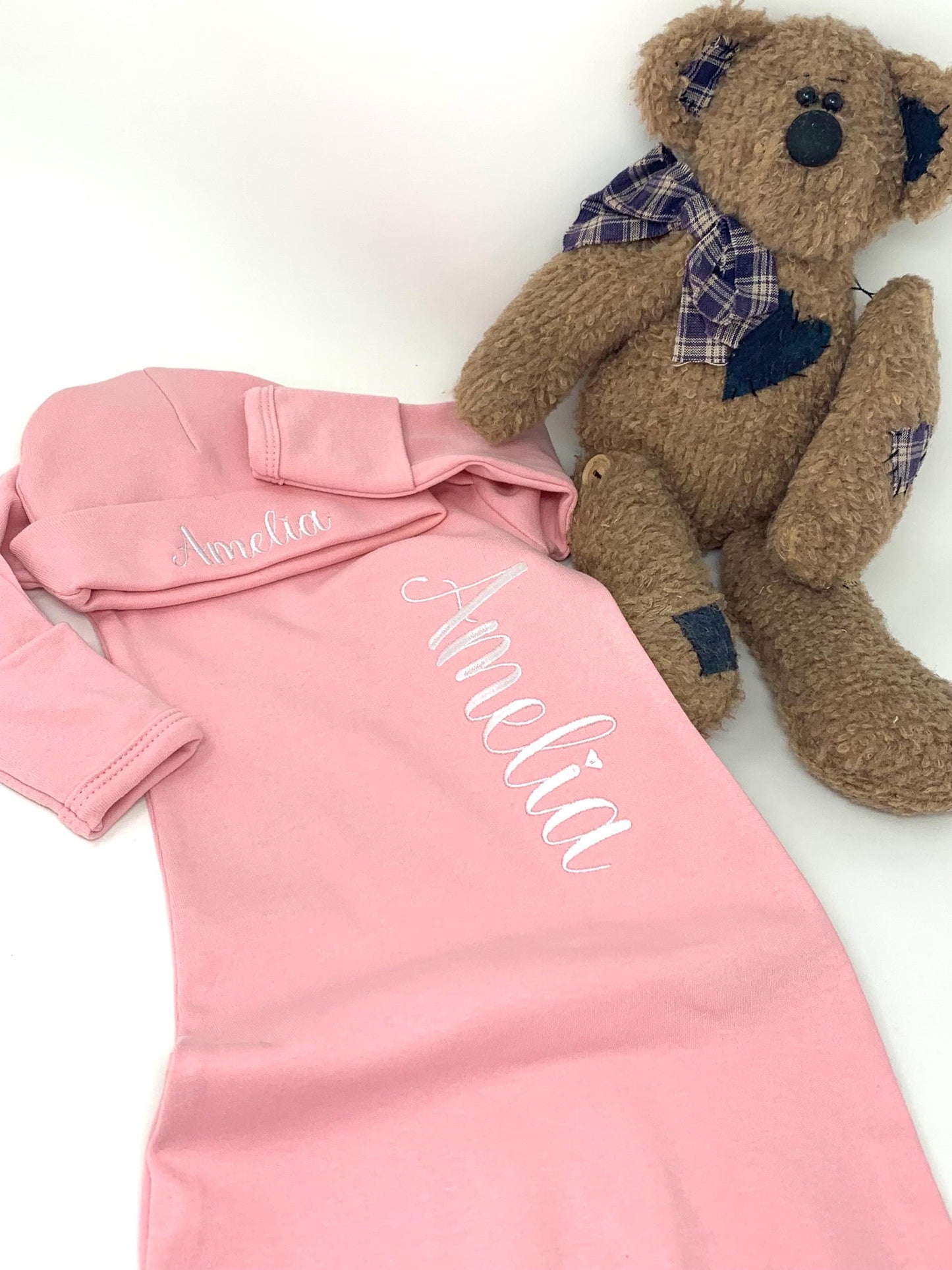 Baby Infant Gown and Cap Set, Pink or White, Embroidered name personalized