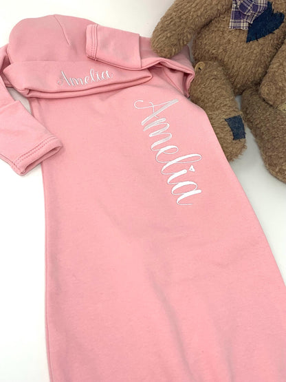 Baby Infant Gown and Cap Set, Pink or White, Embroidered name personalized