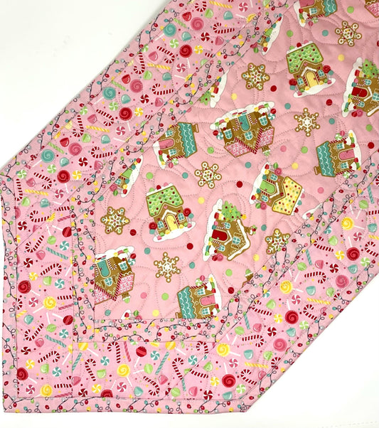 Gingerbread Houses Quilted Table Runner: Handmade Christmas Decor, Pink Coquette, 15x49