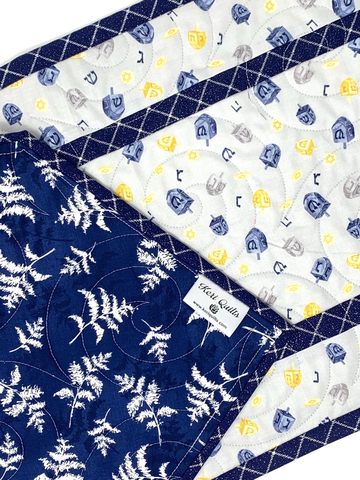 Hanukkah Quilted Table Runner: Handmade, Dreidals, Blue, Gold, Chanukah Decor, 15x49