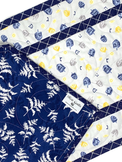 Hanukkah Quilted Table Runner: Handmade, Dreidals, Blue, Gold, Chanukah Decor, 15x49