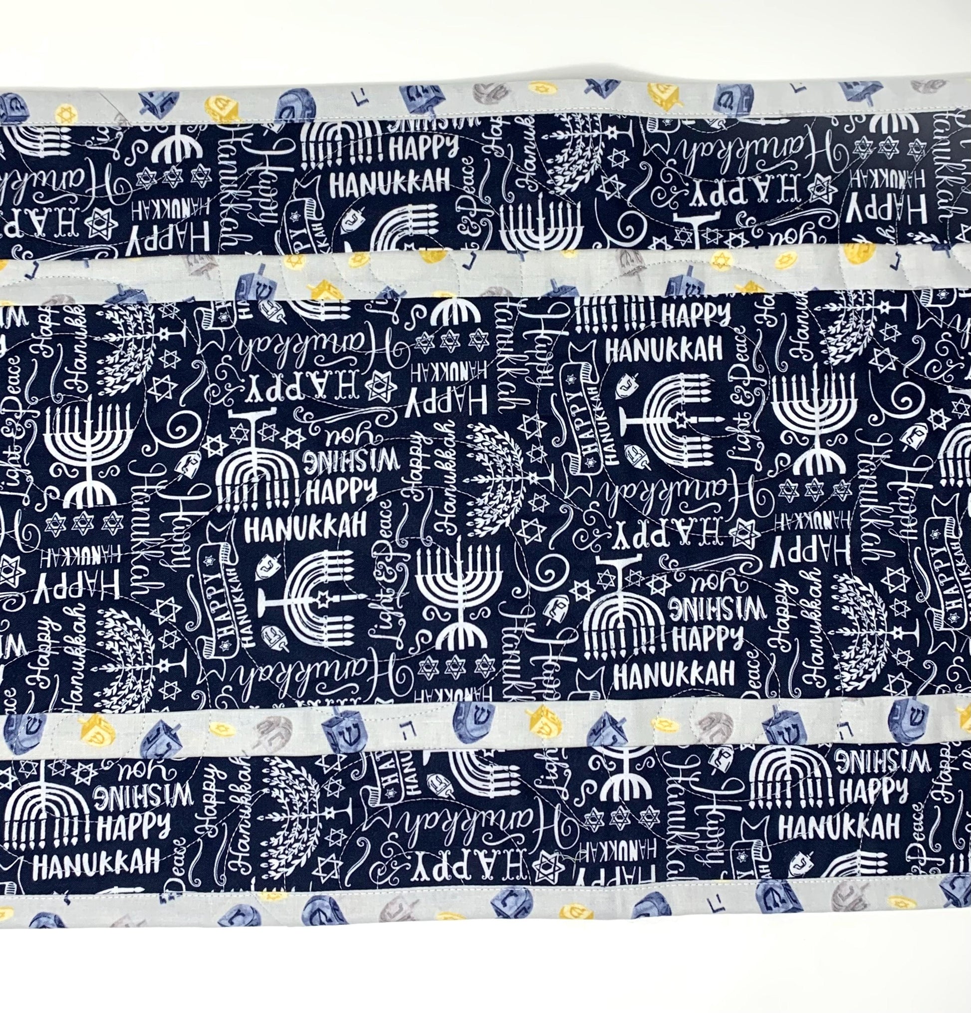 Hanukkah Quilted Table Runner: Handmade, Navy Blue, White, Menorrahs, Chanukah Decor, 15x49