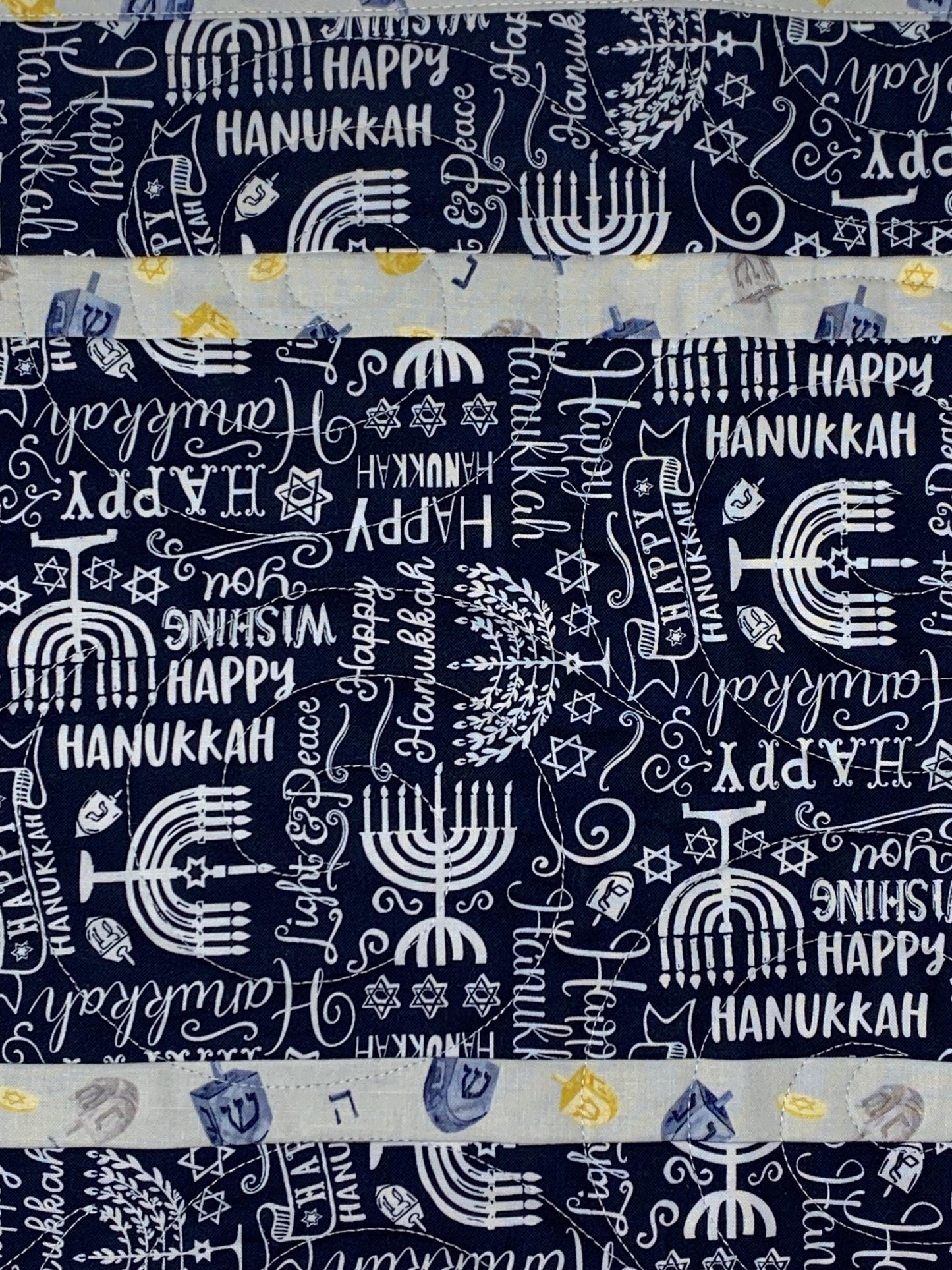 Hanukkah Quilted Table Runner: Handmade, Navy Blue, White, Menorrahs, Chanukah Decor, 15x49