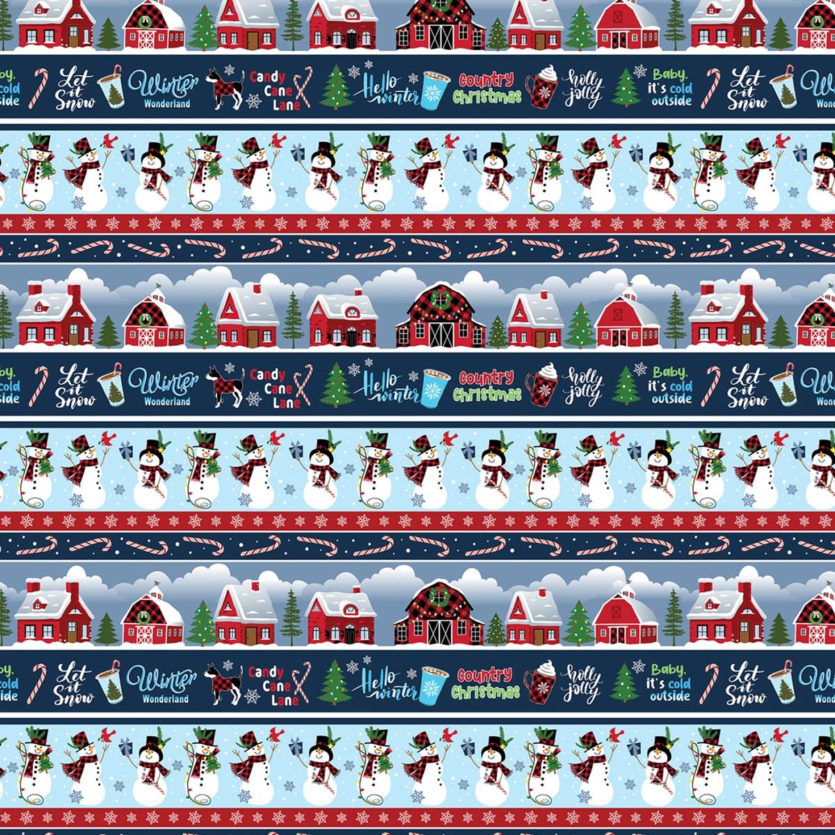 Christmas Stripe Fabric: Multi Country Christmas Stripe, Snowmen, Red Barns - Benartex