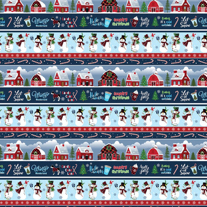 Christmas Stripe Fabric: Multi Country Christmas Stripe, Snowmen, Red Barns - Benartex