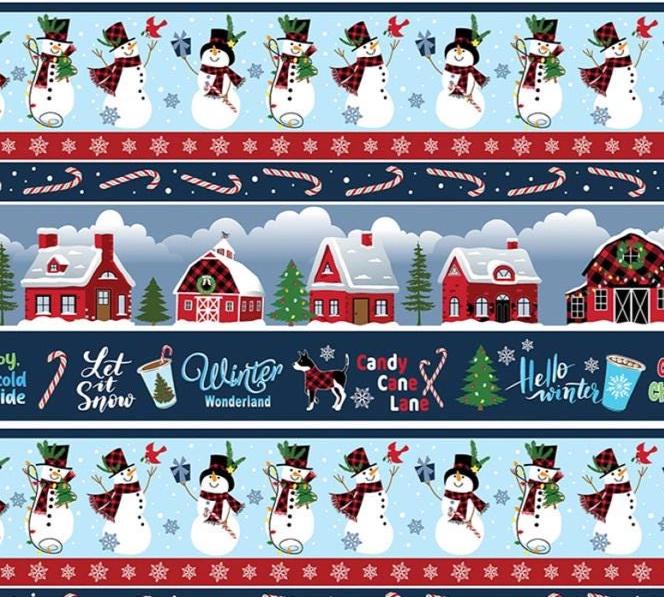 Christmas Stripe Fabric: Multi Country Christmas Stripe, Snowmen, Red Barns - Benartex