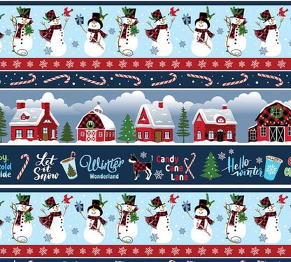 Christmas Stripe Fabric: Multi Country Christmas Stripe, Snowmen, Red Barns - Benartex