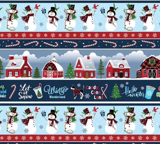 Christmas Stripe Fabric: Multi Country Christmas Stripe, Snowmen, Red Barns - Benartex