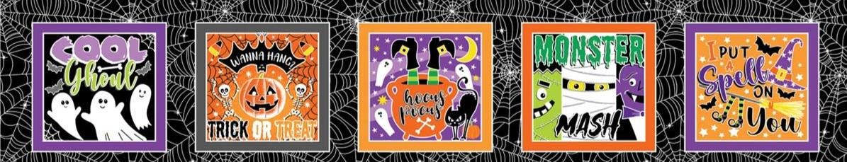 Halloween Fabric Panel: Chills and Thrills Boxes, Glow in the Dark - Benartex
