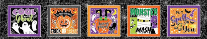 Halloween Fabric Panel: Chills and Thrills Boxes, Glow in the Dark - Benartex