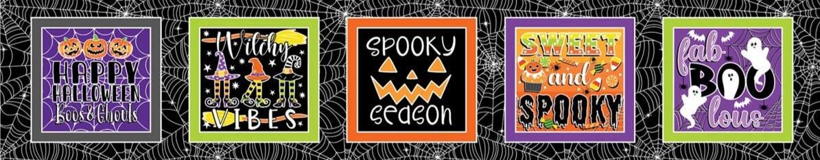 Halloween Fabric Panel: Chills and Thrills Boxes, Glow in the Dark - Benartex