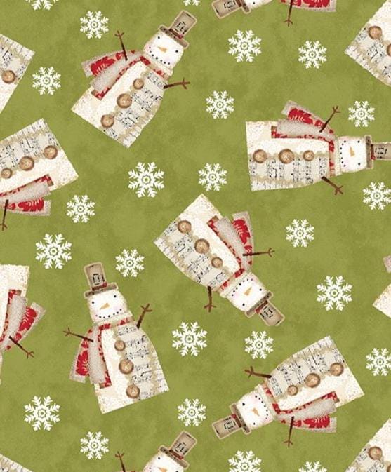 Christmas Fabric Yardage: Green Musical Snowman Snowflakes- Benartex