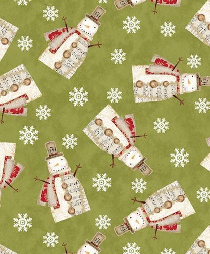 Christmas Fabric Yardage: Green Musical Snowman Snowflakes- Benartex