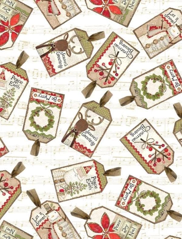 Christmas Fabric Yardage: Cream Tossed Tags - Benartex