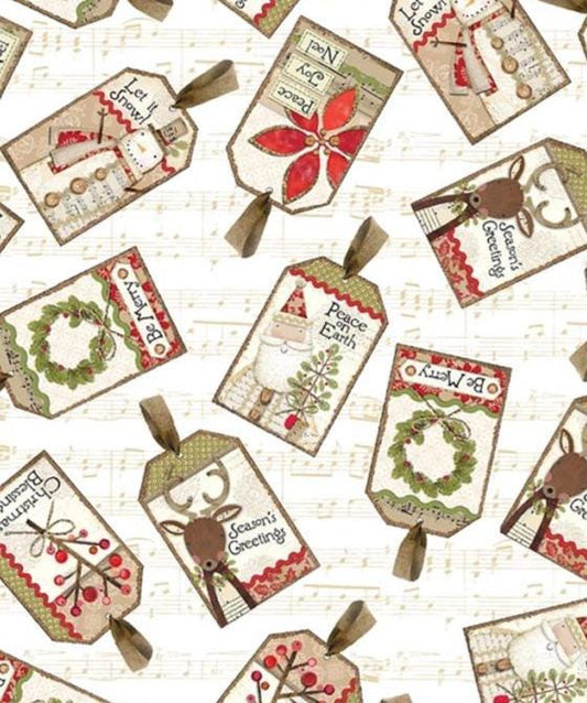 Christmas Fabric Yardage: Cream Tossed Tags - Benartex