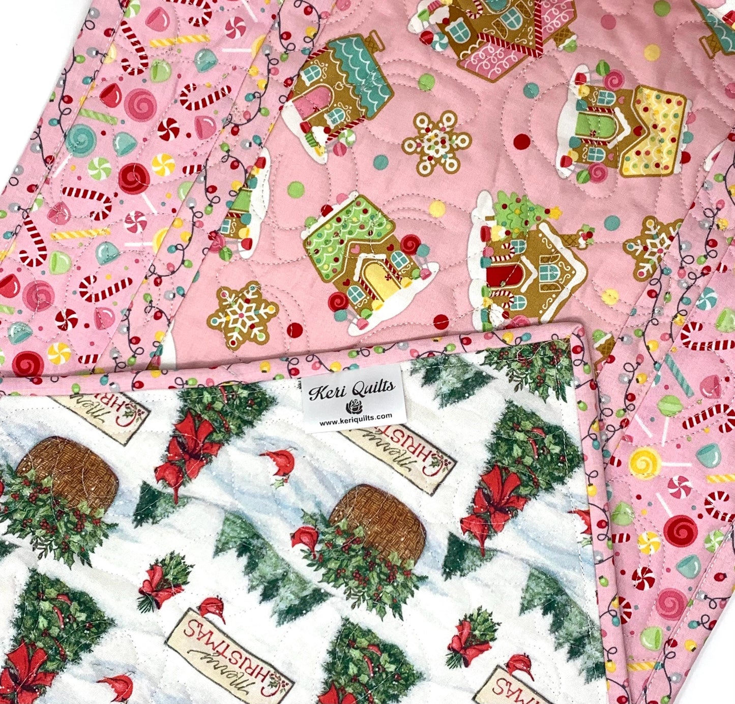 Gingerbread Houses Quilted Table Runner: Handmade Christmas Decor, Pink Coquette, 15x49