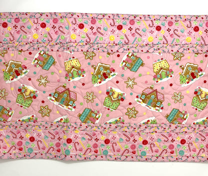 Gingerbread Houses Quilted Table Runner: Handmade Christmas Decor, Pink Coquette, 15x49