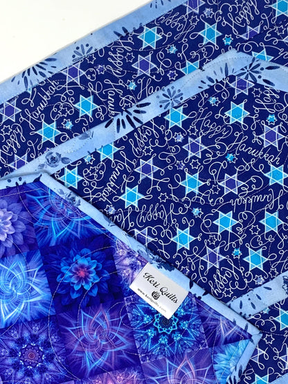 Hanukkah Quilted Table Runner: Handmade, Blue, Start of David, Chanukah Decor, 15x49