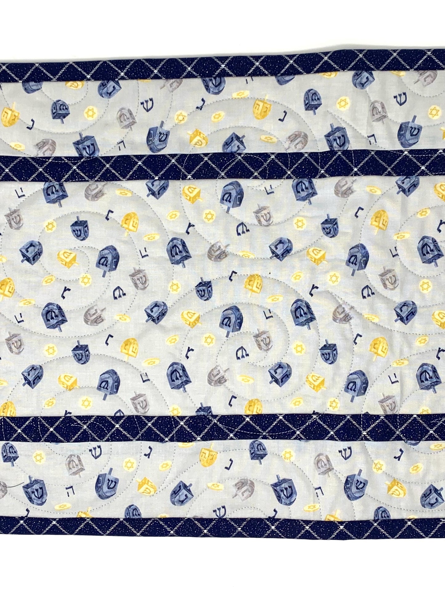 Hanukkah Quilted Table Runner: Handmade, Dreidals, Blue, Gold, Chanukah Decor, 15x49