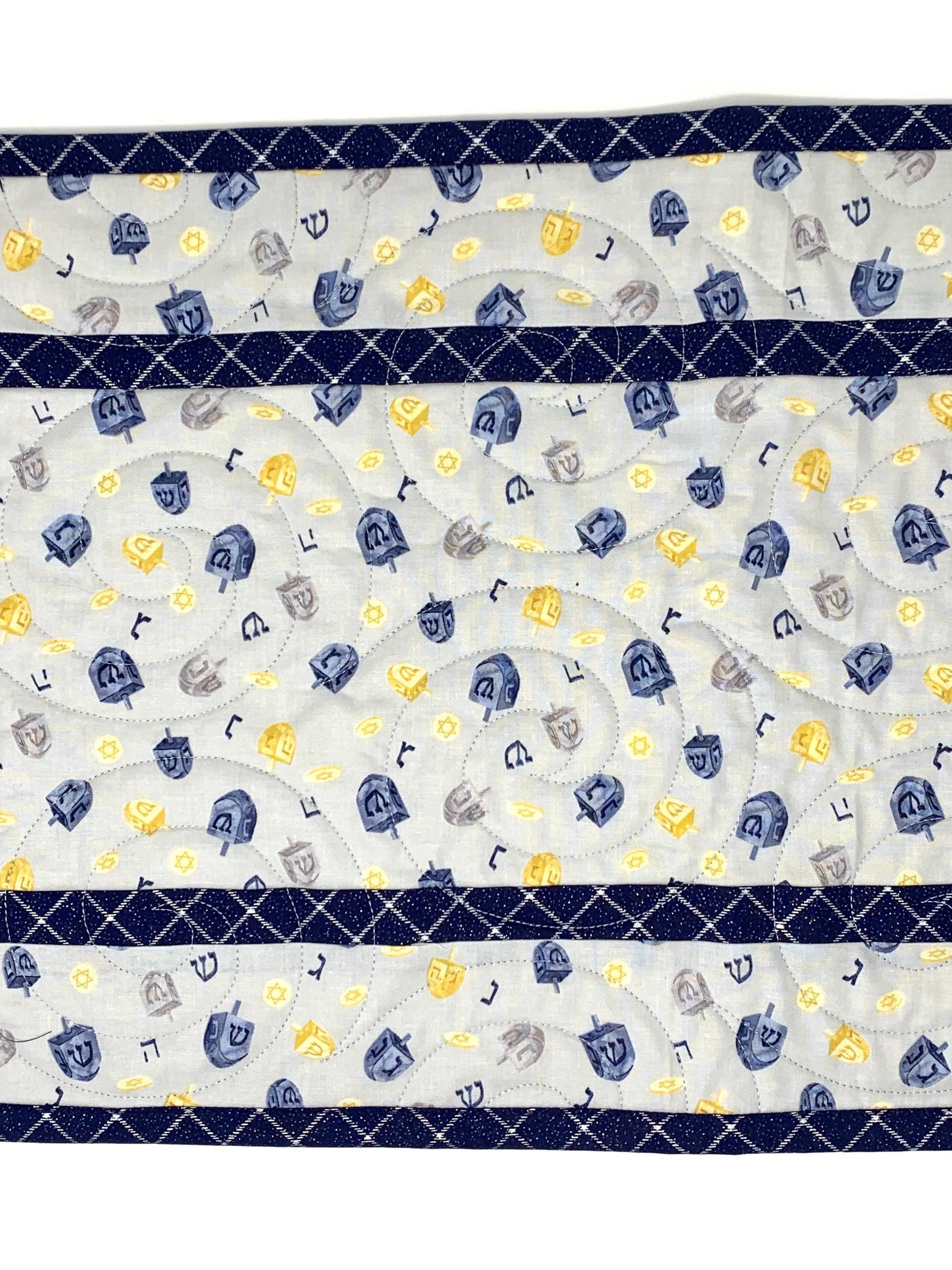 Hanukkah Quilted Table Runner: Handmade, Dreidals, Blue, Gold, Chanukah Decor, 15x49